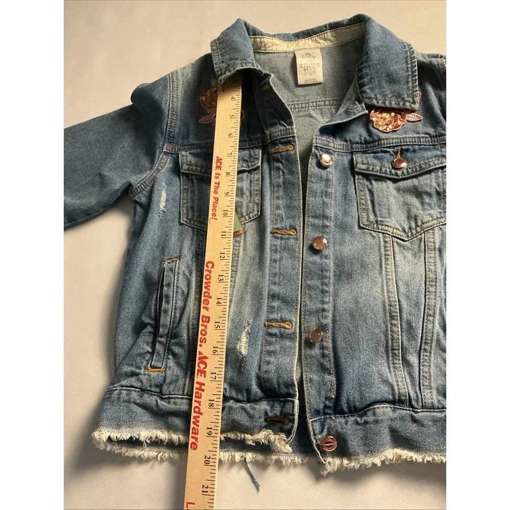 Disney Belle Beauty & The Beast Girls Distressed Denim Jacket 11-12 Sequins